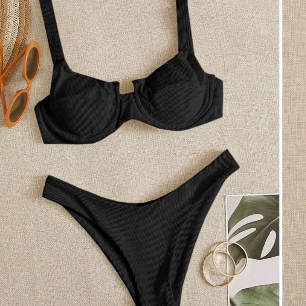 Shein Rib Underwire High Cut Bikini Set